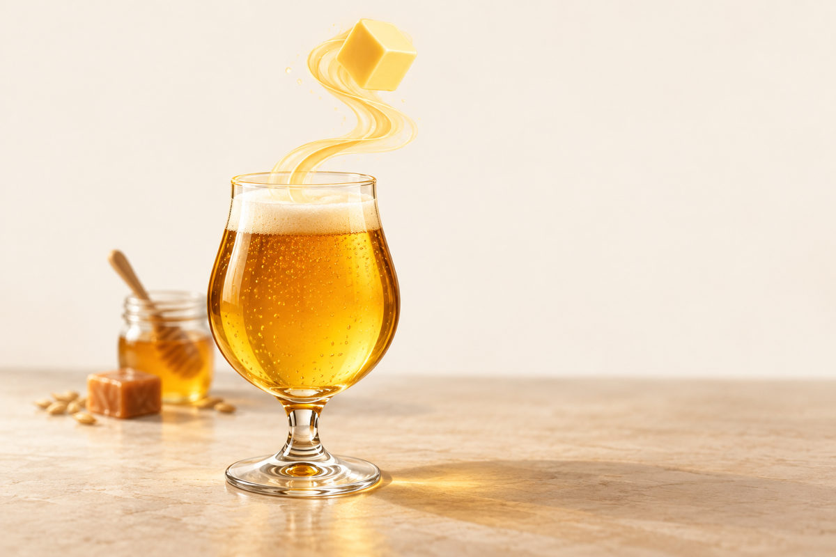 Taça tulipa com cerveja dourada e espuma, de onde sobe uma espiral dourada até um cubo de manteiga suspenso, com um pote de mel com pegador de madeira, um caramelo e grãos ao lado, sobre bancada de pedra clara e fundo marfim