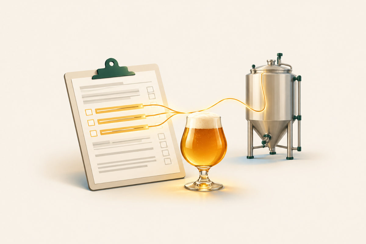 Ilustração de uma prancheta com ficha de avaliação, três linhas destacadas em âmbar ligadas por fios de luz a uma taça de cerveja dourada e a um fermentador cônico de inox, sobre fundo marfim