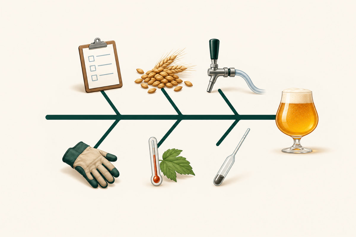 Ilustração de um diagrama espinha de peixe, ou Ishikawa, verde-escuro sobre fundo marfim, com prancheta, grãos de malte, torneira de chope, luva, termômetro com folha de lúpulo e densímetro nas espinhas, terminando numa taça de cerveja dourada com espuma.