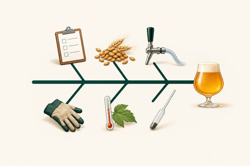 Ilustração de um diagrama espinha de peixe, ou Ishikawa, verde-escuro sobre fundo marfim, com prancheta, grãos de malte, torneira de chope, luva, termômetro com folha de lúpulo e densímetro nas espinhas, terminando numa taça de cerveja dourada com espuma.