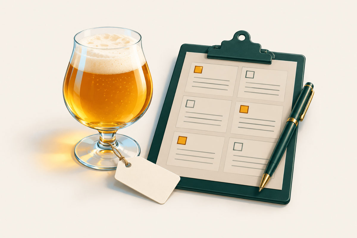 Ilustração de uma taça de cerveja dourada com espuma e uma etiqueta em branco presa à haste, ao lado de uma prancheta verde com seis campos de checklist, alguns marcados em âmbar, e uma caneta, sobre fundo marfim