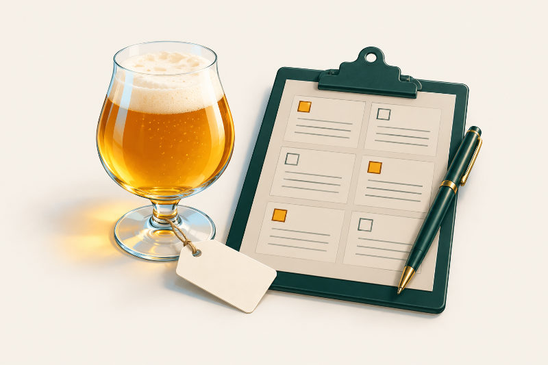 Ilustração de uma taça de cerveja dourada com espuma e uma etiqueta em branco presa à haste, ao lado de uma prancheta verde com seis campos de checklist, alguns marcados em âmbar, e uma caneta, sobre fundo marfim